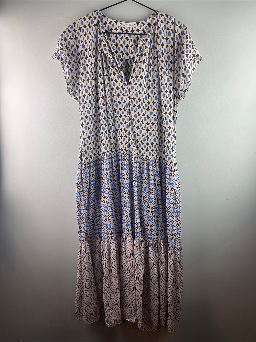 Zara Blue & Cream Mixed-Print Tiered Maxi Oversized Dress Size XS